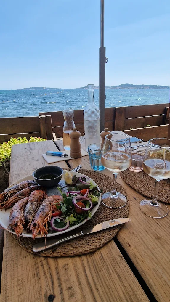 Déjeuner au restaurant Le Pingouin Bleu face à la mer avec gambas et rosé